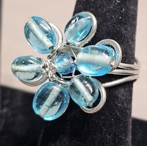 Blue Bead Flower Adjustable Cuff Ring